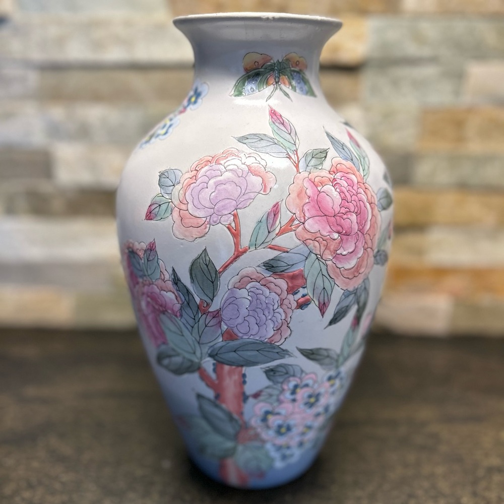 TOYO |  Vintage Peony Flower, Cherry Blossom and Butterfly Vase with Gold Rim